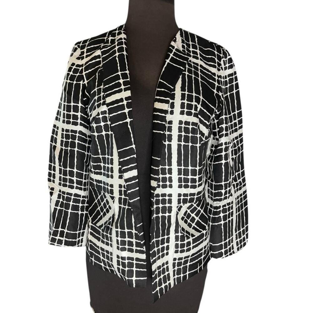Pendelton Silk Black White Plaid Open Blazer Womens 4 Office Ladylike Classic